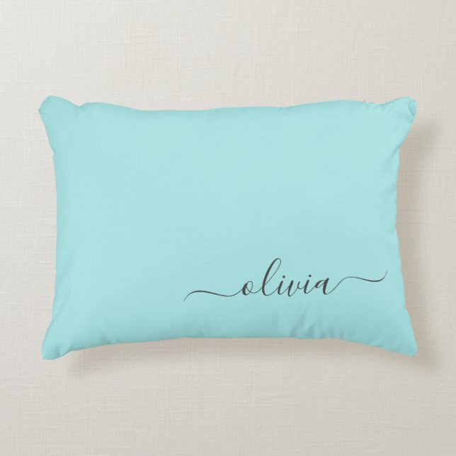 Aqua Blue Teal Modern Script Girly Monogram Namn Prydnadskudde (Framsidan)