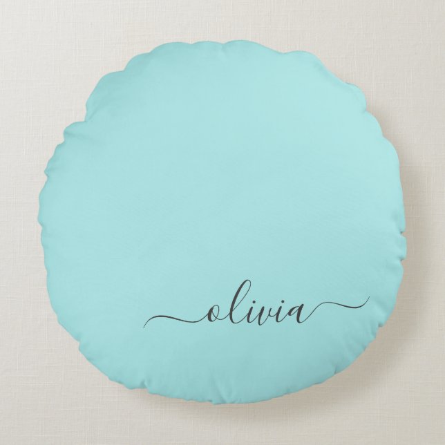 Aqua Blue Teal Modern Script Girly Monogram Namn Rund Kudde (Framsidan)