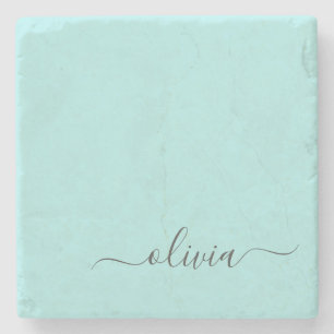 Aqua Blue Teal Modern Script Girly Monogram Namn Stenunderlägg