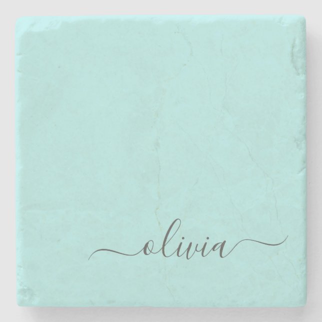 Aqua Blue Teal Modern Script Girly Monogram Namn Stenunderlägg (Framsidan)