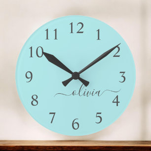 Aqua Blue Teal Modern Script Girly Monogram Namn Stor Klocka