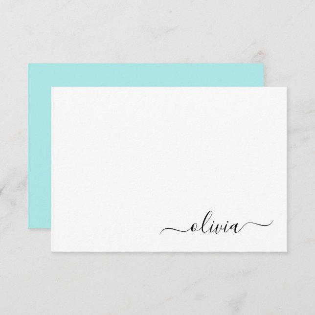 Aqua Blue Teal Modern Script Girly Monogram Namn Tack Kort (Fram/baksida)