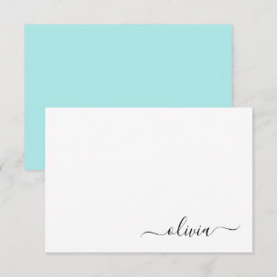 Aqua Blue Teal Modern Script Girly Monogram Namn Tack Kort