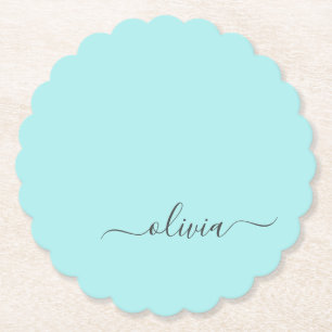 Aqua Blue Teal Modern Script Girly Monogram Namn Underlägg Papper