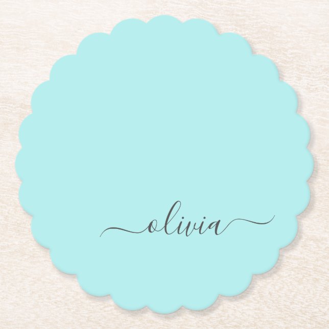 Aqua Blue Teal Modern Script Girly Monogram Namn Underlägg Papper (Framsida)