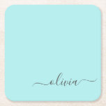 Aqua Blue Teal Modern Script Girly Monogram Namn Underlägg Papper Kvadrat<br><div class="desc">Aqua Blue Teal Simple Script Monogram Namn Pappra Underlägg. Det gör perfekt studenten,  födelsedag,  bröllop,  möhippa,  årsdag,  babydusch eller bachelorette-fest till någon som glam lyx och chic stilar.</div>