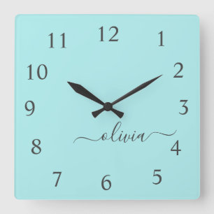 Aqua Blue Teal Script Monogram Girly Namn Fyrkantig Klocka