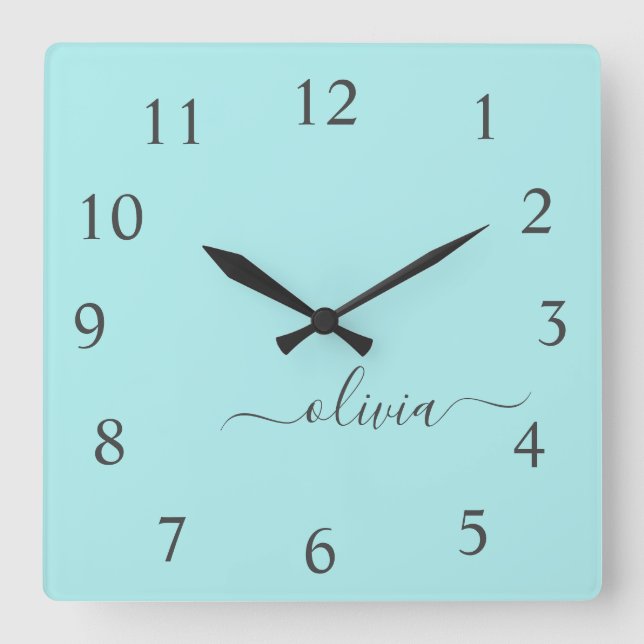 Aqua Blue Teal Script Monogram Girly Namn Fyrkantig Klocka (Framsida)