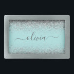 Aqua Blue Teal Silver Glitter Monogram<br><div class="desc">Aqua Blue - Teal and Silver Gnistra Glitter Script Monogram Namn Bälte Buckle. Detta gör perfekt studenten,  söt 16 16,  18,  21,  30,  40,  50,  60,  70,  80,  90:e,  100-årsdag,  bröllop,  möhippa,  årsdag,  babydusch eller bachelorette-gåva till någon som glam lyx och chic stilar.</div>