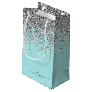 Aqua Blue Teal Silver Glitter Monogram