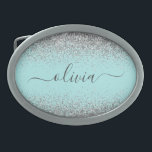 Aqua Blue Teal Silver Glitter Monogram<br><div class="desc">Aqua Blue - Teal and Silver Gnistra Glitter Script Monogram Namn Bälte Buckle. Detta gör perfekt studenten,  söt 16 16,  18,  21,  30,  40,  50,  60,  70,  80,  90:e,  100-årsdag,  bröllop,  möhippa,  årsdag,  babydusch eller bachelorette-gåva till någon som glam lyx och chic stilar.</div>