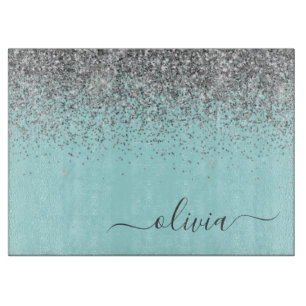 Aqua Blue Teal Silver Glitter Monogram