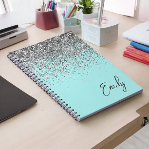 Aqua Blue Teal Silver Glitter Monogram Anteckningsbok