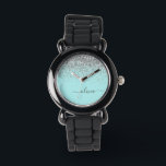 Aqua Blue Teal Silver Glitter Monogram Armbandsur<br><div class="desc">Aqua Blue - Teal and Silver Gnistra Glitter Script Monogram Namn Watch. Det gör perfekten söt 16-årsjubileum,  bröllop,  möhippa,  årsdag,  babydusch eller bachelorette-fest för någon som glam lyxen och chic stilar i kärlek.</div>