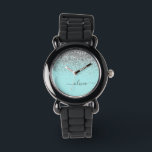 Aqua Blue Teal Silver Glitter Monogram Armbandsur<br><div class="desc">Aqua Blue - Teal and Silver Gnistra Glitter Script Monogram Namn Watch. Det gör perfekten söt 16-årsjubileum,  bröllop,  möhippa,  årsdag,  babydusch eller bachelorette-fest för någon som glam lyxen och chic stilar i kärlek.</div>