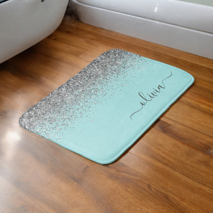 Aqua Blue Teal Silver Glitter Monogram Badrumsmatta