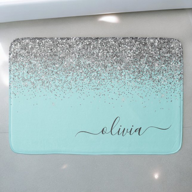 Aqua Blue Teal Silver Glitter Monogram Badrumsmatta (Skapare uppladdad)