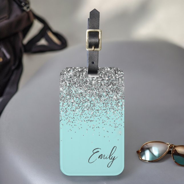Aqua Blue Teal Silver Glitter Monogram Bagagebricka (Skapare uppladdad)