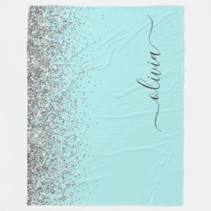 Aqua Blue Teal Silver Glitter Monogram Fleecefilt