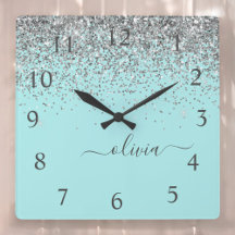 Aqua Blue Teal Silver Glitter Monogram