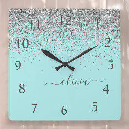 Aqua Blue Teal Silver Glitter Monogram Fyrkantig Klocka