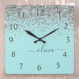 Aqua Blue Teal Silver Glitter Monogram Fyrkantig Klocka
