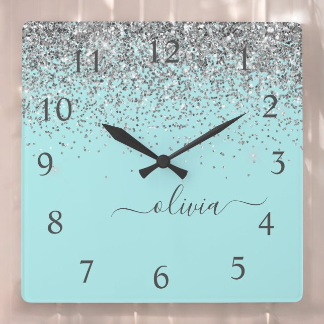 Aqua Blue Teal Silver Glitter Monogram Fyrkantig Klocka (Skapare uppladdad)