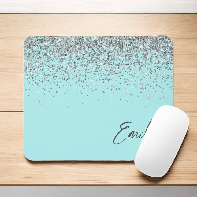 Aqua Blue Teal Silver Glitter Monogram Musmatta (Skapare uppladdad)