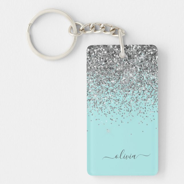 Aqua Blue Teal Silver Glitter Monogram Nyckelring (Framsidan)