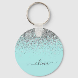 Aqua Blue Teal Silver Glitter Monogram Nyckelring
