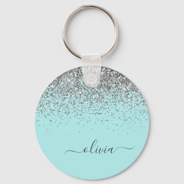 Aqua Blue Teal Silver Glitter Monogram Nyckelring (Framsida)