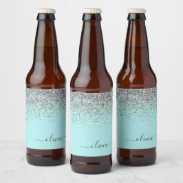 Aqua Blue Teal Silver Glitter Monogram Ölflaska Etikett