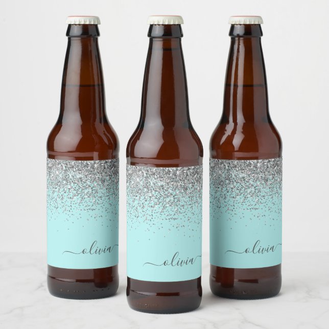 Aqua Blue Teal Silver Glitter Monogram Ölflaska Etikett (Flaskor)