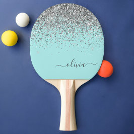 Aqua Blue Teal Silver Glitter Monogram Pingisracket