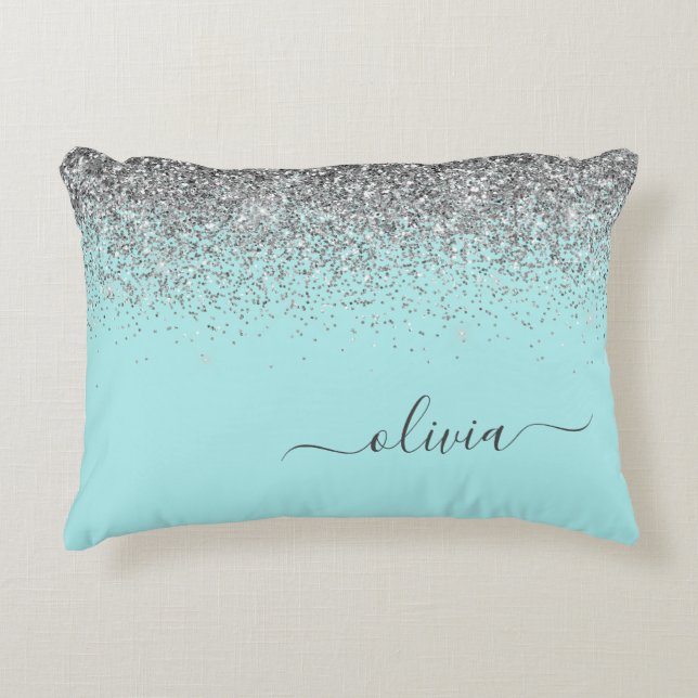 Aqua Blue Teal Silver Glitter Monogram Prydnadskudde (Framsidan)