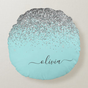 Aqua Blue Teal Silver Glitter Monogram Rund Kudde