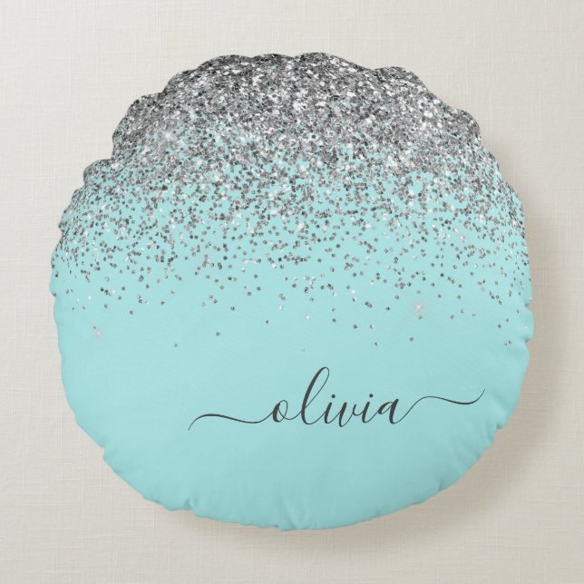 Aqua Blue Teal Silver Glitter Monogram Rund Kudde (Framsidan)