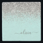 Aqua Blue Teal Silver Glitter Monogram Stenunderlägg<br><div class="desc">Aqua Blue - Teal and Silver Gnistra Glitter Skriver Monogram Namn Stone Tile. Det gör perfekt studenten,  söt 16-årsdag,  bröllop,  möhippa,  årsdag,  babydusch eller bachelorette-fest till någon som kärlek glam lyx och chic stilar.</div>