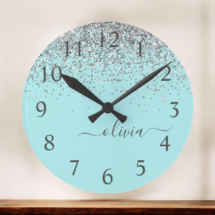 Aqua Blue Teal Silver Glitter Monogram Stor Klocka