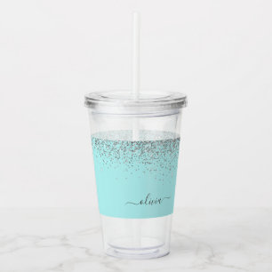 Aqua Blue Teal Silver Glitter Monogram Take Away Mugg