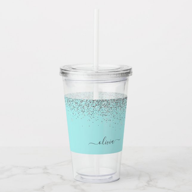 Aqua Blue Teal Silver Glitter Monogram Take Away Mugg (Framsida)