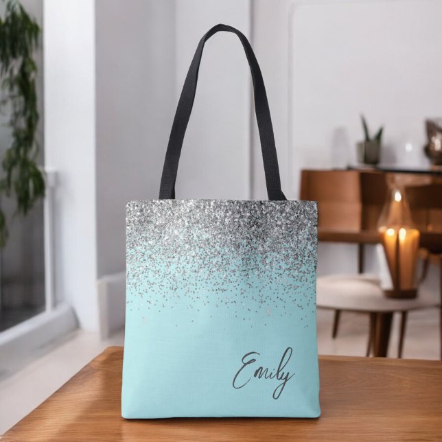 Aqua Blue Teal Silver Glitter Monogram Tygkasse (Skapare uppladdad)