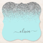 Aqua Blue Teal Silver Glitter Monogram Underlägg Papper<br><div class="desc">Aqua Blue - Teal and Silver Gnistra Glitter Script Monogram Namn Papper Underlägg. Det gör perfekt studenten,  födelsedag,  bröllop,  möhippa,  årsdag,  babydusch eller bachelorette-fest till någon som glam lyx och chic stilar.</div>