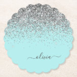 Aqua Blue Teal Silver Glitter Monogram Underlägg Papper<br><div class="desc">Aqua Blue - Teal and Silver Gnistra Glitter Script Monogram Namn Papper Underlägg. Det gör perfekt studenten,  födelsedag,  bröllop,  möhippa,  årsdag,  babydusch eller bachelorette-fest till någon som glam lyx och chic stilar.</div>