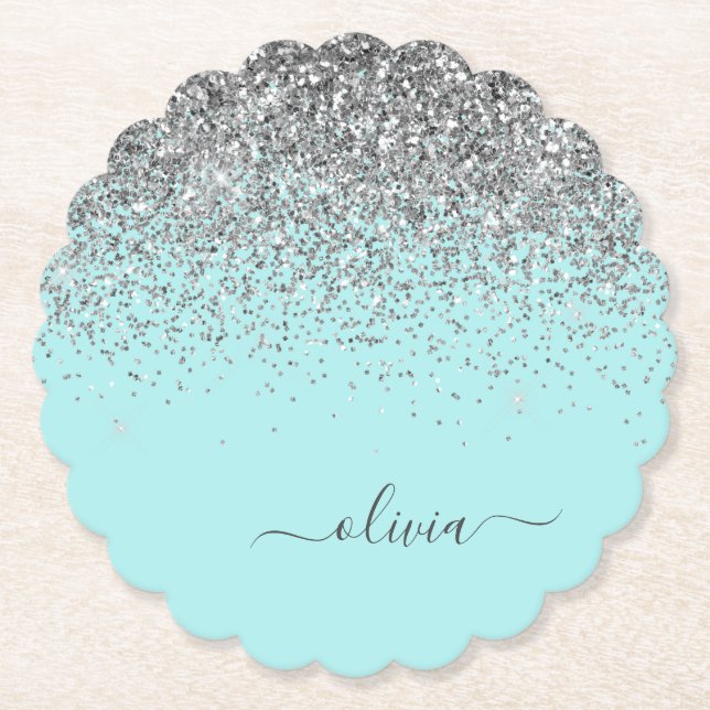 Aqua Blue Teal Silver Glitter Monogram Underlägg Papper (Framsida)