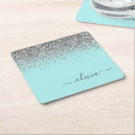 Aqua Blue Teal Silver Glitter Monogram Underlägg Papper Kvadrat<br><div class="desc">Aqua Blue - Teal and Silver Gnistra Glitter Script Monogram Namn Papper Underlägg. Det gör perfekt studenten,  födelsedag,  bröllop,  möhippa,  årsdag,  babydusch eller bachelorette-fest till någon som glam lyx och chic stilar.</div>