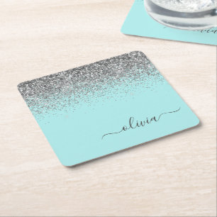 Aqua Blue Teal Silver Glitter Monogram Underlägg Papper Kvadrat