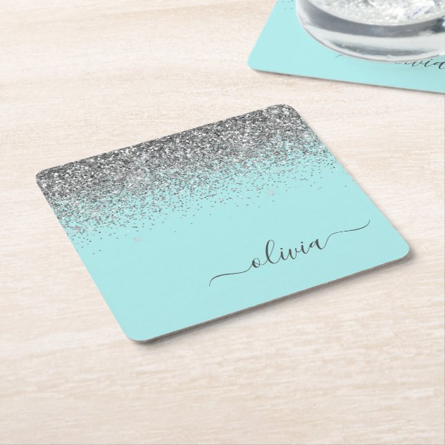 Aqua Blue Teal Silver Glitter Monogram Underlägg Papper Kvadrat (Vinklad)
