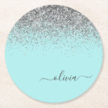Aqua Blue Teal Silver Glitter Monogram Underlägg Papper Rund<br><div class="desc">Aqua Blue - Teal and Silver Gnistra Glitter Script Monogram Namn Papper Underlägg. Det gör perfekt studenten,  födelsedag,  bröllop,  möhippa,  årsdag,  babydusch eller bachelorette-fest till någon som glam lyx och chic stilar.</div>
