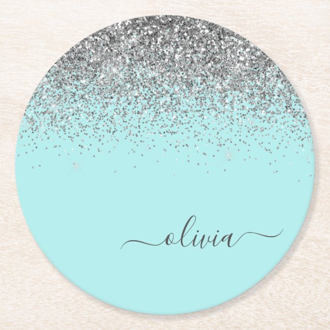Aqua Blue Teal Silver Glitter Monogram Underlägg Papper Rund (Framsidan)